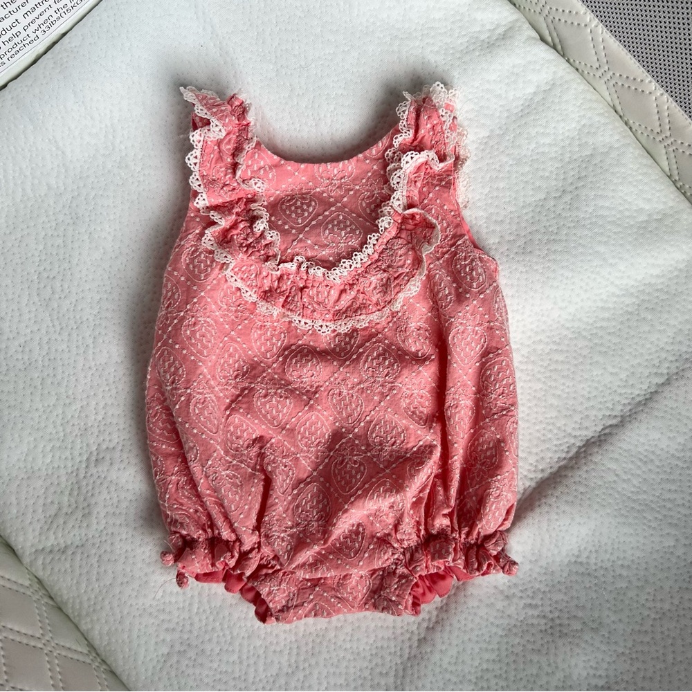 Rachel Zoe Pink Lace Trim Baby Romper 3-6 months strawberry pattern